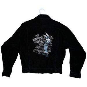 Vintage 90s Looney Tunes Black Corduroy Jacket Bugs Bunny Wilder One Size Small